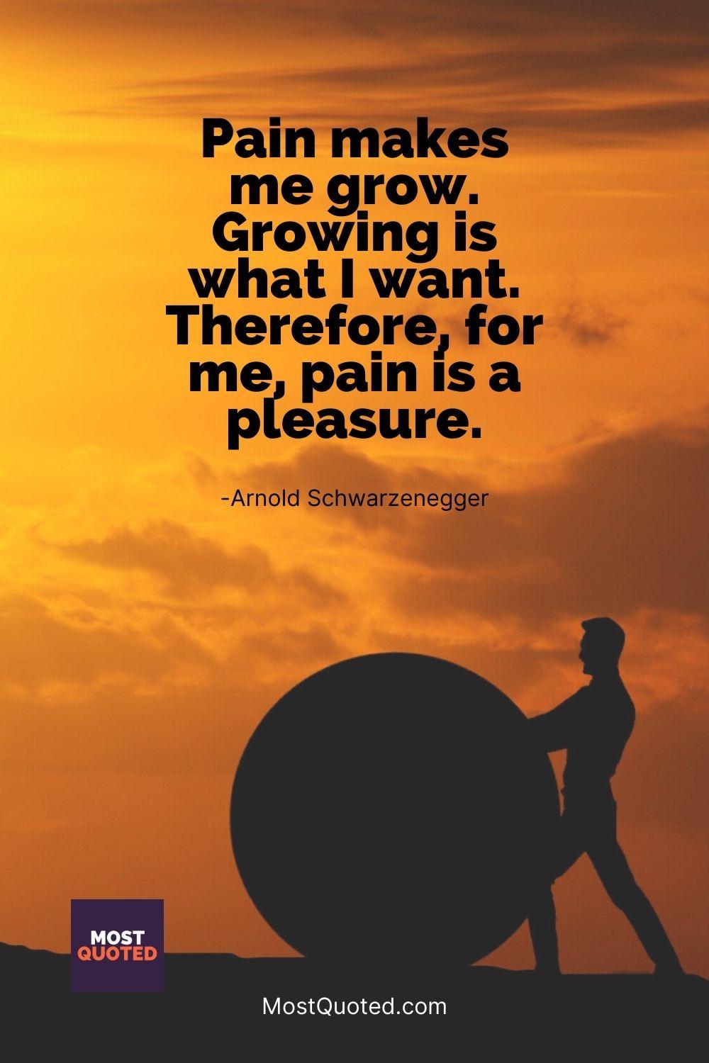 Pain makes me grow. Growing is what I want. Therefore, for me, pain is a pleasure. - Arnold Schwarzenegger