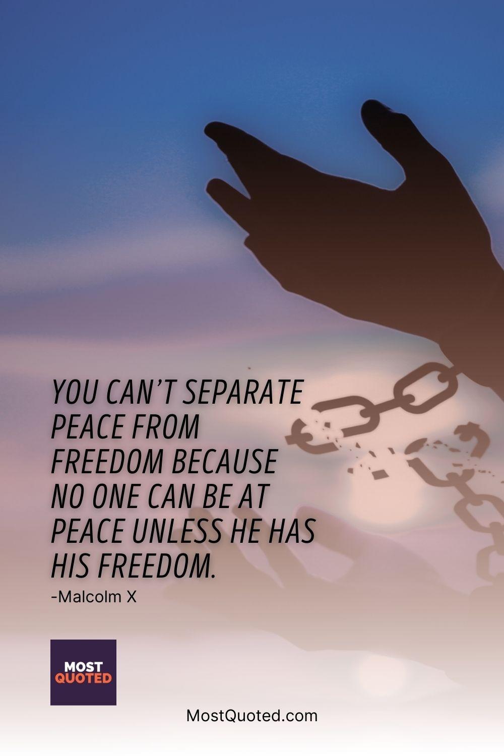 You can’t separate peace from freedom because no one can be at peace unless he has his freedom. - Malcolm X